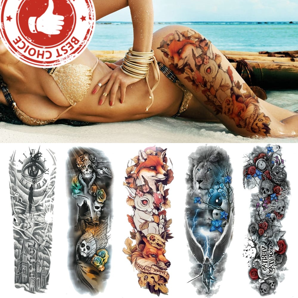 Sexy Wolf Full Flower Arm Temporary Tattoo Stickers For Men Body Art Sleeve Tattoo Decals Girl Women Waterproof Tatoo Fox Legs
