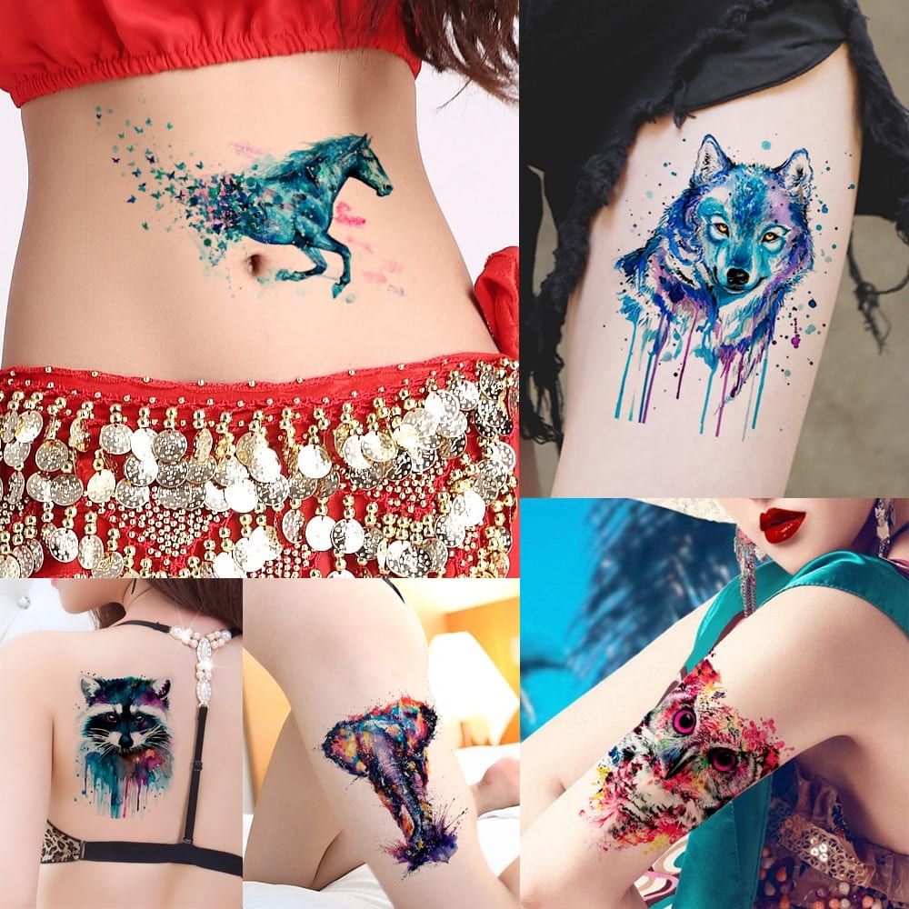 1 Piece Watercolor Drawing Waterproof Tattoo KM-045 Simulation Blue Horse Butterfly Peacock Temporary Tatoo Sticker for Body Art