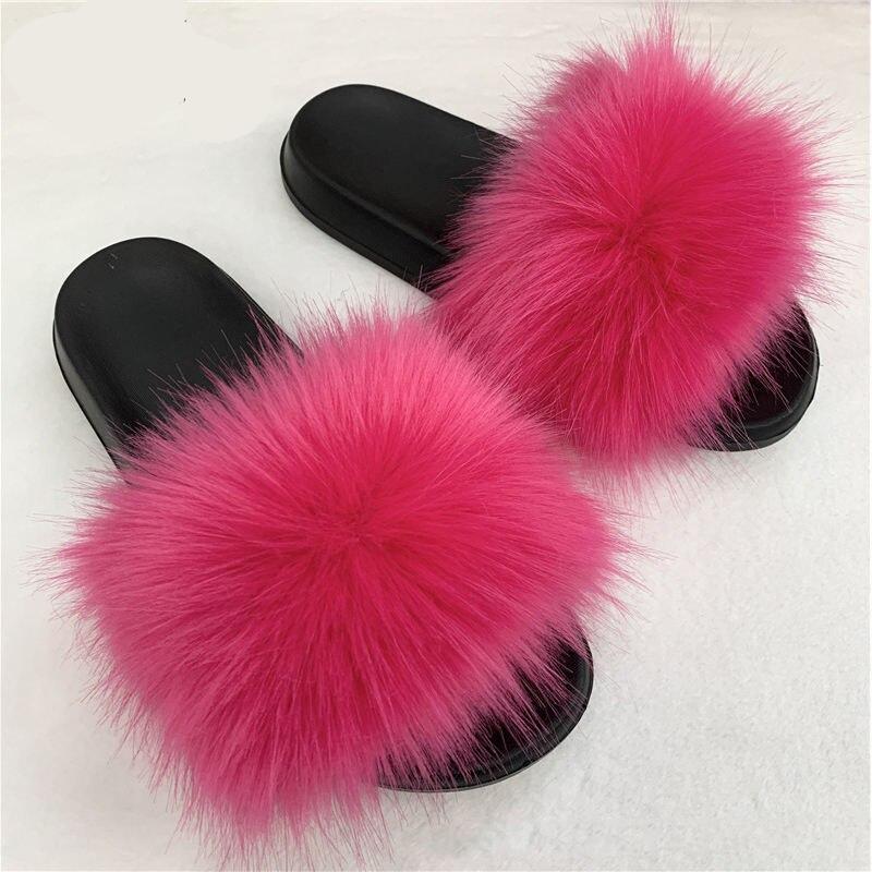 Faux Fur Slippers Women Home Fluffy Flat Slides Winter Comfort Furry House Sweet Shoes Female Slipper Indoor Flip Flops