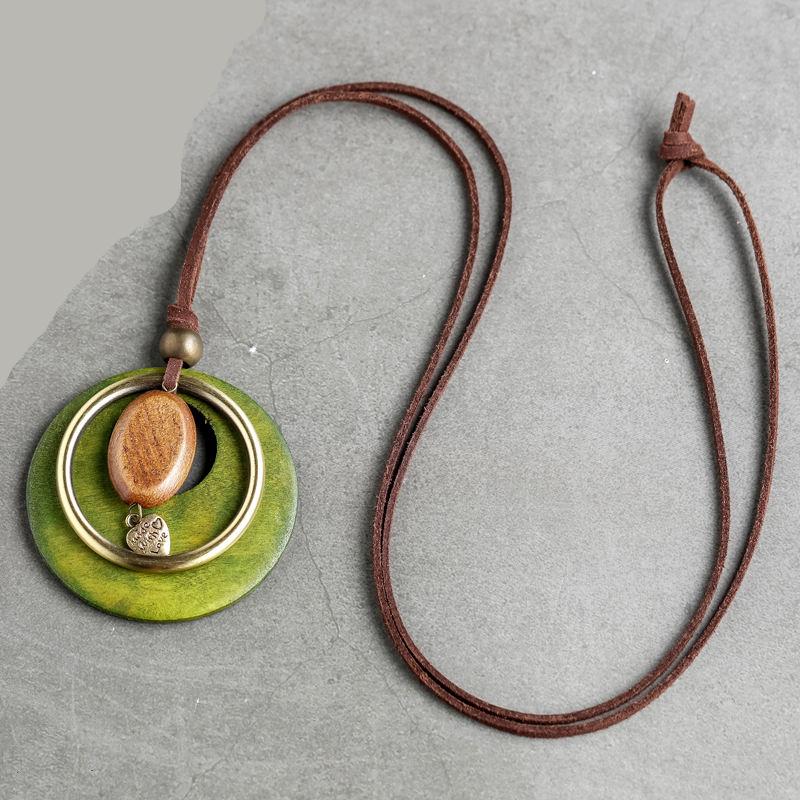 Bohemian Suspension Necklace | Round Wooden Pendant | Chain Rope Jewelry