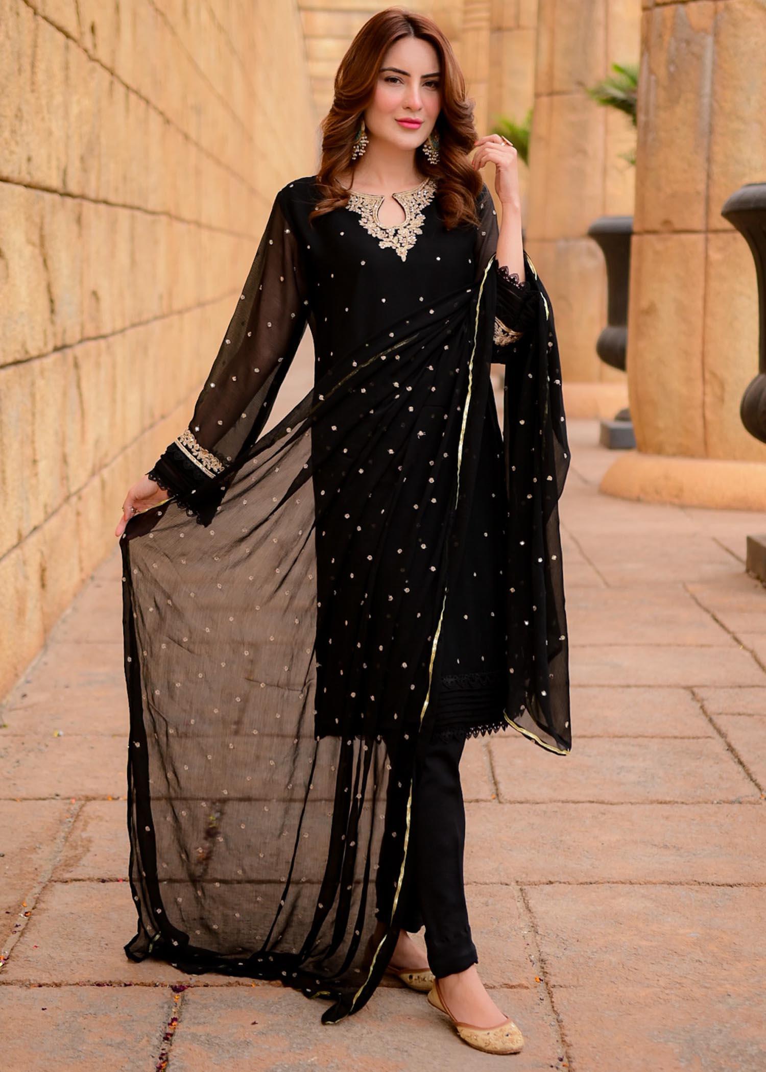 Black Dress | Dinner Party Outfits | Black and Gold Party Outfits for Ladies | 3pcs + Kurta Set